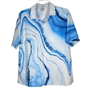 Hardaddy Mens Large Blue White Marble Water Ripple Print Button‎ Shirt